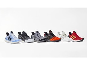 This product image released by HBO shows various styles of Adidas x Game of Thrones Ultra Boosts sneakers inspired by HBO's "Game of Thrones" series. From wine to clothing to tours, HBO and retailers have cashed in throughout the years with "Game of Thrones" merchandise. It is a massive business, with all sides hoping to pad the bank as the show enters its eighth and final season. (HBO via AP)