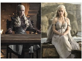 This combination photo of images released by HBO shows Emilia Clarke portraying Daenerys Targaryen in "Game of Thrones." The final season of the popular series premieres on April 14. (HBO via AP)