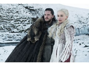 This photo released by HBO shows Kit Harington as Jon Snow, left, and Emilia Clarke as Daenerys Targaryen in a scene from "Game of Thrones," which premiered its eighth season on Sunday.  (HBO via AP)