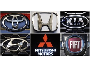 This undated combination of photos shows clockwise from top left the logos for Toyota, Honda, Kia, Fiat Chrysler, Mitsubishi and Hyundai. U.S. auto safety regulators have expanded an investigation into malfunctioning air bag controls to include 12.3 million vehicles because the bags may not inflate in a crash. Vehicles made by Toyota, Honda, Kia, Hyundai, Mitsubishi and Fiat Chrysler from the 2010 through 2019 model years are included in the probe, which was revealed Tuesday, April 23, 2019, in documents posted by the National Highway Traffic Safety Administration. (AP Photos)