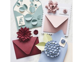 This photo provided by Paper Source showcases the launch of four new colors added to Paper Source's invitation assortment in March 2019. Whether formal or casual, wedding invitations these days are meant to set the tone for the celebration and reflect its themes. (Paper Source via AP)