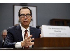 File-This April 9, 2019, file photo shows Treasury Secretary Steven Mnuchin testifying  before a House Appropriations subcommittee during a hearing on President Trump's budget request for Fiscal Year 2020, in Washington. Mnuchin said Monday, April 15, 2019, that the Federal Reserve's independence is important globally, while refusing to comment on President Donald Trump's latest attack on the Fed. Mnuchin was asked about Trump's tweet Sunday that if the Fed had done its job properly, the stock market would be 5,000 to 10,000 points higher and overall growth would have been "well over" 4% last year instead of 3%.