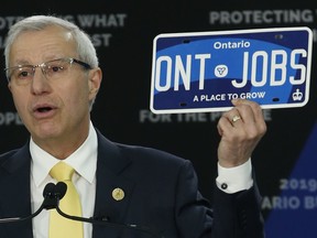 Ontario Conservative Finance Minister Vic Fedeli unveils the 2019 Ontario Budget on Thursday April 11, 2019.