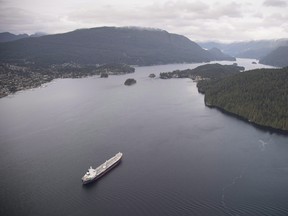 A tanker anchored in Burrard Inlet just outside of Burnaby, B.C.