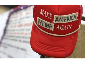In this June 14, 2018, photo a "Make America Great Again" hat has been altered and put on display at the Texas Hemp Industries Association booth at the 2018 Texas GOP Convention in San Antonio. Texas this month will remove hemp from its list of controlled substances. The Dallas Morning News reports the Texas Department of State Health Services, as of Friday, will no longer classify hemp as a Schedule I drug, a highly restricted group of substances that includes LSD, heroin and cocaine.