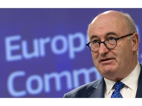 European Commissioner for Agriculture Phil Hogan speaks during a media conference at EU headquarters in Brussels, Monday, April 8, 2019. Hogan was briefing reporters on contingency plans in the farming sector for a no-deal Brexit.