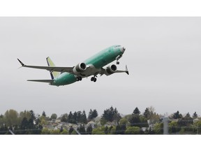 A Boeing 737 MAX 8 airplane being built for India-based Jet Airways, flies after taking off on a test flight, Wednesday, April 10, 2019, at Boeing Field in Seattle. Flight test and other non-passenger-bearing flights of the plane continue in the Seattle area where the plane is manufactured, as a world-wide grounding the the 737 MAX 8 continues, following fatal crashes of MAX 8's operated by Ethiopian Airlines and Lion Air.