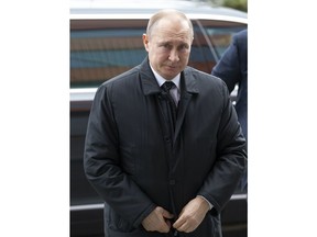 Russian President Vladimir Putin arrives for talks with North Korea's leader Kim Jong Un in Vladivostok, Russia, Thursday, April 25, 2019. President Putin sat down for talks Thursday with North Korean leader Kim, saying the summit should help plan joint efforts to resolve a standoff over Pyongyang's nuclear program.