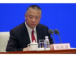 Liu Yuejin, vice commissioner of the National Narcotics Control Commission, speaks during a press conference in Beijing on Monday, April 1, 2019. China announced Monday that all fentanyl-related drugs, as a group, would become controlled substances, effective May 1, a step U.S. officials have long advocated as a way to stem the flow of lethal opioids from China.