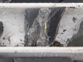 Gold is seen in a drilling sample at Atlantic Gold Corp's Moose River Consolidated Project facility in Nova Scotia.