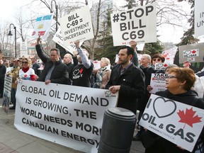 Pro-oil and pipeline supporters rally in Calgary against Bill C-69 during a Senate committee hearing in April.