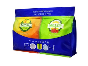 Chamber Pouch easily separates into two, independent, stand-up pouches