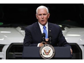 FILE - In this Wednesday, April 24, 2019 file photo, Vice President Mike Pence speaks at an auto industry discussion of the new United States-Mexico-Canada Agreement in Taylor, Mich. Pence plans two tour stops in Minnesota on Thursday, May 9, 2019, to talk about the stalled trade deal with Mexico and Canada. He's likely to hear differing opinions on part of the plan to replace NAFTA.
