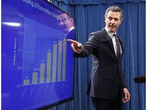 Gov. Gavin Newsom gestures to a chart showing an increase in funding for the state's rainy day fund as he discusses his proposed $213 billion revised state budget during a news conference Thursday, May 9, 2019, in Sacramento, Calif.