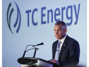 TransCanada president and CEO Russ Girling addresses the company's annual meeting after shareholders approved a name change to TC Energy in Calgary on May 3, 2019.
