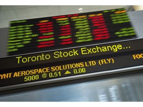 Financial numbers flow on the digital ticker tape at the TMX Group in Toronto's financial district on May 9, 2014.