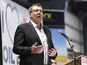 Saskatchewan Premier Scott Moe speaks during a pro-pipeline rally at IJACK Technologies Inc. near Moosomin, Sask., in February.