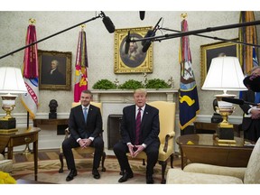 President Donald Trump speaks during a meeting with Slovak Prime Minister Peter Pellegrini in the Oval Office of the White House, Friday, May 3, 2019, in Washington.