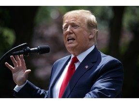 President Donald Trump speaks during the presentation of the Commander-in-Chief's Trophy to the U.S. Military Academy at West Point football team, in the Rose Garden of the White House, Monday, May 6, 2019, in Washington.