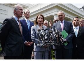 Speaker of the House Nancy Pelosi of Calif., talks with reporters after meeting with President Donald Trump about infrastructure, at the White House, Tuesday, April 30, 2019, in Washington.