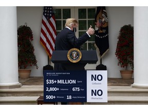 President Donald Trump walks off after delivering a statement in the Rose Garden of the White House, Wednesday, May 22, 2019, in Washington.