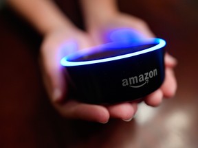 An Amazon Echo Dot smart speaker.