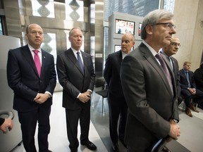 Canadian banking CEOs Victor Dodig of CIBC, Bill Downie of BMO, Brian Porter of Scotia bank, David McKay of RBC and Bharat Masrani of TD at the launch of the Canadian Business Growth Fund in 2017.