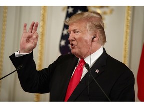 President Donald Trump speaks during a news conference with Japanese Prime Minister Shinzo Abe, at Akasaka Palace, Monday, May 27, 2019, in Tokyo.