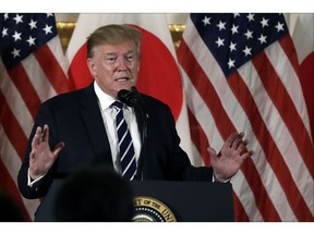 President Donald Trump speaks as he meets with Japanese business leaders, Saturday, May 25, 2019, in Tokyo.