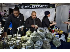 FILE - This Saturday, Dec. 29, 2018 file photo shows vendors from MF Extracts counting their intake of cash at their booth at Kushstock 6.5 festival in Adelanto Calif. Attorneys general from 33 states are urging Congress to approve a bill intended to fully open the doors of the U.S. banking system to the legal marijuana industry.