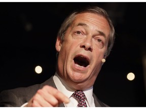 British politician Nigel Farage speaks during a Brexit Party rally at Lakeside Country Club in Frimley Green in Surrey, England, Sunday, May 19, 2019.