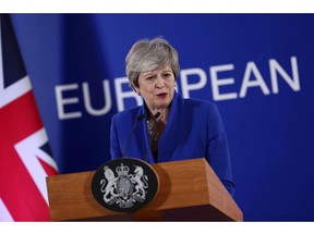 FILE - In this Thursday, April 11, 2019 file photo, British Prime Minister Theresa May speaks during a media conference at the conclusion of an EU summit in Brussels. Brexit talks between Britain's Conservative government and the main opposition Labour Party are resuming with little sign of progress, with the two parties far apart on terms of the U.K.'s departure from the European Union.