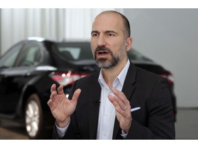 FILE- In this Sept. 5, 2018, file photo Uber CEO Dara Khosrowshahi is interviewed after the company's unveiling of the new features, in New York. Uber's CEO is barring his predecessor from taking part in the opening-bell ceremony at the New York Stock Exchange next week, when the ride-sharing company is expected to make its hotly anticipated stock market debut. In a report published Friday, May 3, 2019, The New York Times cites unnamed sources who say Uber CEO Dara Khosrowshahi has decided that Travis Kalanick is not welcome to share the balcony of the NYSE when Uber begins trading as a public company.