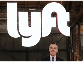 FILE - In this March 29, 2019 file photo, Los Angeles mayor Eric Garcetti speaks during and event for Lyft in Los Angeles. Lyft reports financial results on Tuesday, May 7, 2019.