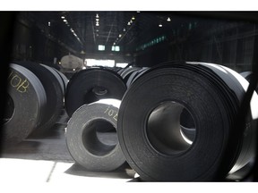FILE - In this June 28, 2018, file photo, rolls of finished steel are seen at the U.S. Steel Granite City Works facility in Granite City, Ill. United States Steel Corp. reports financial results Thursday, May 2, 2019.