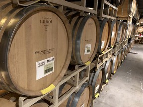 FILE - In this Jan. 25, 2019, photo Chardonnay wine ages in barrels at Willamette Valley Vineyards in Turner, Ore. On May 9, the Labor Department reports on U.S. producer price inflation in April.