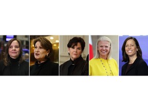This photo combination show five of the highest-paid female CEOs for 2018, as calculated by The Associated Press and Equilar, an executive data firm. From left: Mary Barra, General Motors, $21.9 million; Marillyn Hewson, Lockheed Martin, $21.5 million; Phebe Novakovic, General Dynamics, $20.7 million; Virginia Rometty, IBM, $17.6 million; and Adena Friedman, Nasdaq, $14.4 million. (AP Photo)
