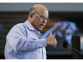 FILE - In this July 10, 2018 file photo, New Carolina Panthers owner David Tepper answers a question during a news conference at Bank of America Stadium in Charlotte, N.C. The South Carolina Senate appears to be preparing for a key vote on whether to give the Carolina Panthers tax breaks and incentives to move their practice fields out of South Carolina. State Sen. Dick Harpootlian removed his objection on the bill Tuesday, May 7, 2019, so it could come to a vote.