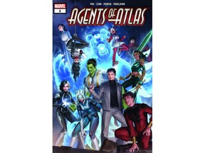 This image provided by Marvel shows the cover of the first issue in "Agents of Atlas," Marvel Comics' five-part standalone comic book series set to roll out in August 2019. Marvel Comics is giving ink to an unprecedented team-up of nearly a dozen of its mightiest Asian and Asian American heroes.