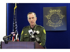 Washoe County Sheriff Darin Balaam speaks at a news conference in Reno, Nev., on Tuesday, May 7, 2019, announcing he has closed a 37-year-old murder investigation at Lake Tahoe after new DNA evidence determined the woman whose body was found near a hiking trail in 1982 was killed by a man who committed suicide in jail a year later after confessing to three other murders in California.