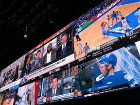 This March 8, 2019 photo shows a wall of video screens in the sports betting lounge at the Tropicana casino in Atlantic City N.J. On May 8, 2019, Fox Sports announced it is buying nearly 5 percent of The Stars Group, the parent company of PokerStars, and that the two companies will offer sports betting in the fall in the U.S.