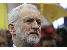 Labour Party leader Jeremy Corbyn speaks to the media Friday May 3, 2019 as he celebrates the election result for Trafford Council with Labour Party activists at the Waterside Arts Centre, Manchester, England, following the voting in Thursday's English council elections.