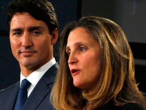 Canada's Prime Minister Justin Trudeau and Minister of Foreign Affairs Chrystia Freeland announce the new USMCA trade pact between Canada, the United States, and Mexico in October, 2018.