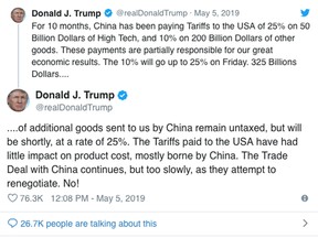 President Donald Trump's tweets Sunday that he would boost tariffs on Chinese goods.