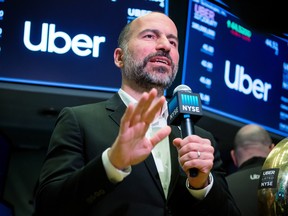 ara Khosrowshahi, chief executive officer of Uber Technologies Inc., speaks on a webcast during the company's initial public offering (IPO) on the floor of the New York Stock Exchange (NYSE) in New York, U.S., on Friday, May 10, 2019.