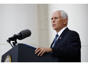 Vice President Mike Pence speaks at a Memorial Day ceremony after placing a wreath in front of the Tomb of the Unknown Soldier, Monday, May 27, 2019, at Arlington National Cemetery in Arlington, Va.