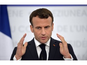 French President Emmanuel Macron speaks during a media conference at an EU summit in Sibiu, Romania, Thursday, May 9, 2019. European Union leaders on Thursday start to set out a course for increased political cooperation in the wake of the impending departure of the United Kingdom from the bloc.