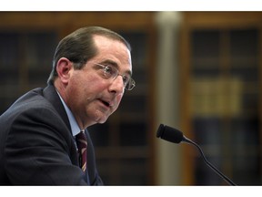 FILE - In this March 13, 2019, file phtooHealth and Human Services Secretary Alex Azar testifies before a House Appropriations subcommittee on Capitol Hill in Washington. Azar says drugmakers will soon have to reveal prices of their prescription medicines in those ever-present TV ads. The Trump administration will issue final regulations on May 8 requiring drug companies to disclose list prices of medications costing more than $35 for a month's supply. Azar tells The Associated Press if drugmakers are scared to put prices in ads that means they should lower those prices.
