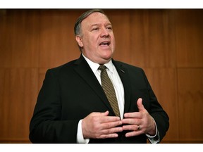 Secretary of State Mike Pompeo talks to the media on the sidelines of the Arctic Council ministers' working dinner at the Arktikum museum in Rovaniemi, Finland, Monday, May 6, 2019. The U.S. is dispatching an aircraft carrier and other military resources to the Middle East following what it says are indications that Iran and its proxy forces are preparing to possibly attack U.S. forces in the region.