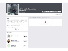 A Facebook auto-generated page for a group identifying itself as the terror group "Al-Qaeda in the Arabian Peninsula" displays a photo of the bombed U.S. Navy warship USS Cole. The page was still live as of Tuesday, May 7, 2019, when the screen grab was made. Facebook says it has robust systems in place to remove content from extremist groups, but a sealed whistleblower's complaint reviewed by the AP says banned content remains on the web and easy to find. (Facebook via AP)